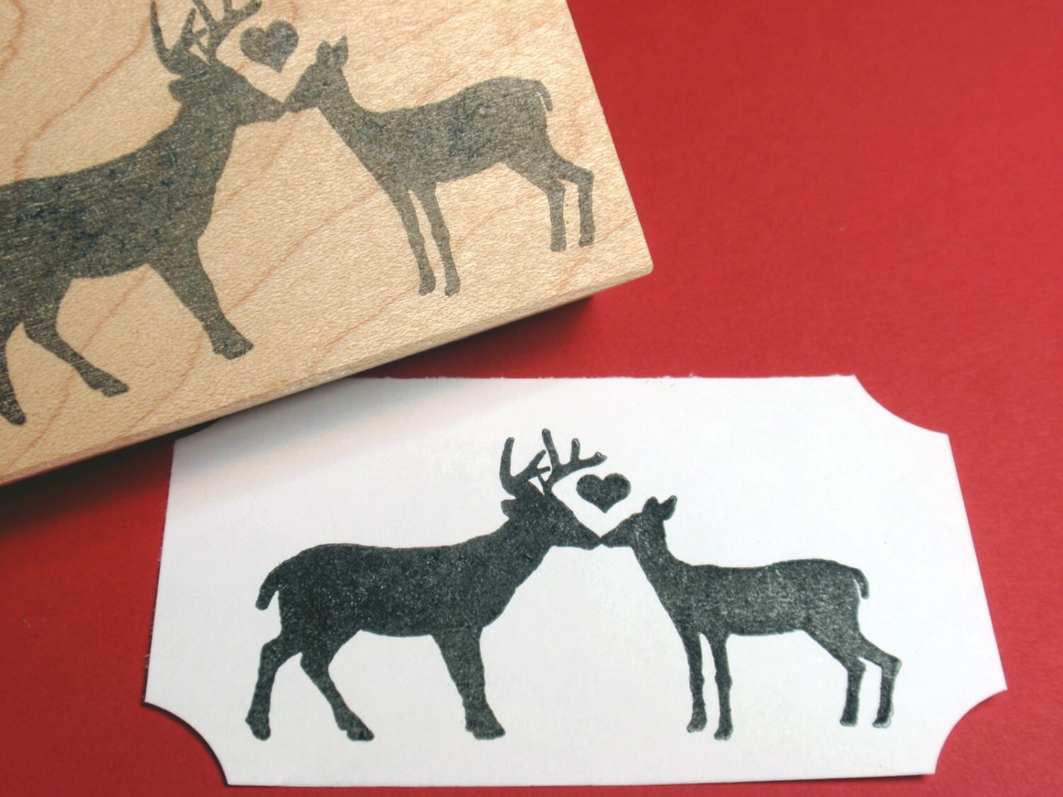 Buck and Doe Deer Kissing Rubber Stamp Handmade by BlossomStamps