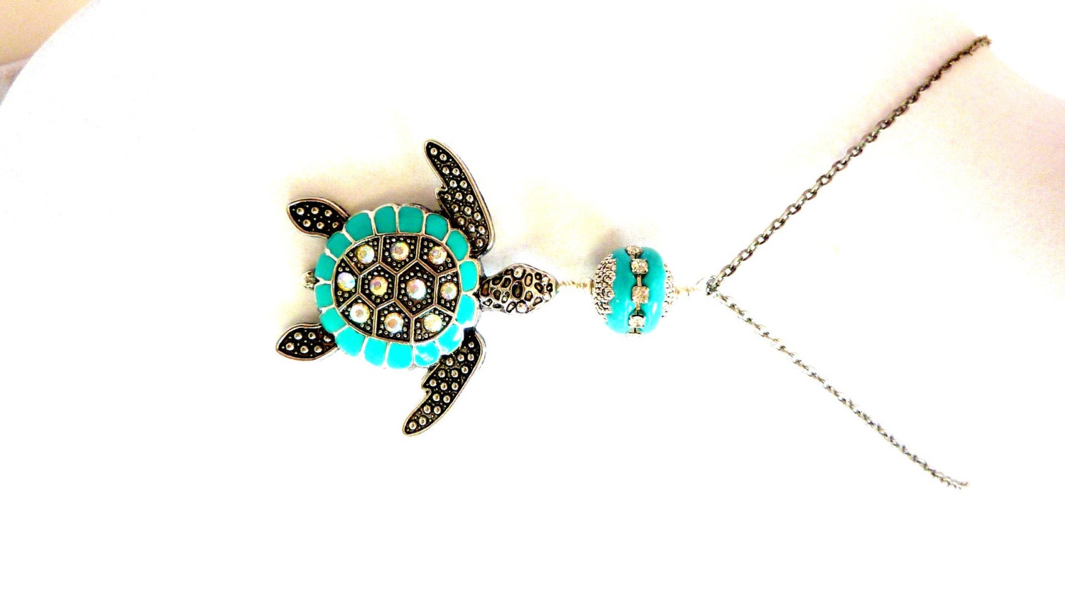 Aqua Turtle Pendant, Turquoise Rhinestone Sea Turtle Necklace, Sea Life, Tortoise Necklace, Nature, Gift for Her - Elegencebyelaine