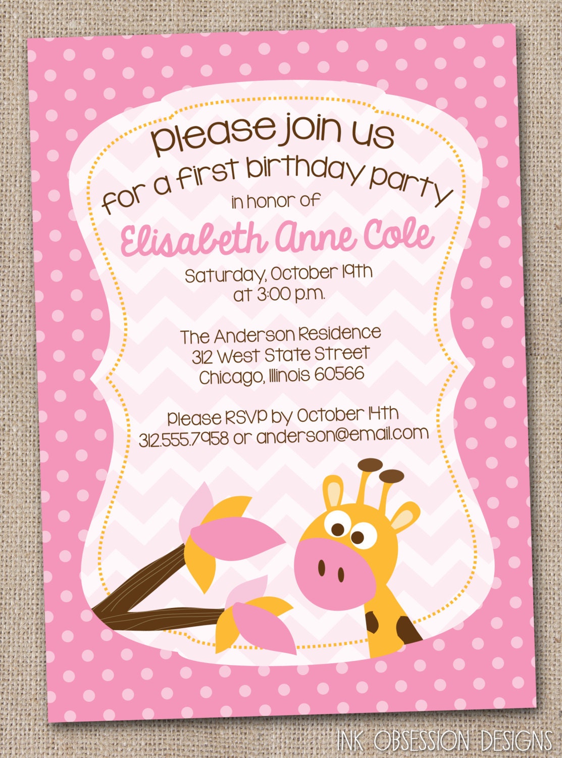 Girls Pink Giraffe Printable Birthday Party Invitation Il_570xn
