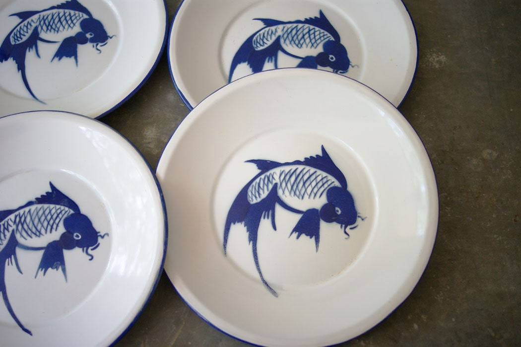 Vintage Enamelware Plates Blue Koi Fish Carp 1970 S