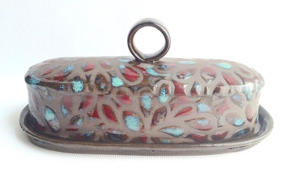 Turquoise and Red Floral Butter Dish with a by KandaceLockwood