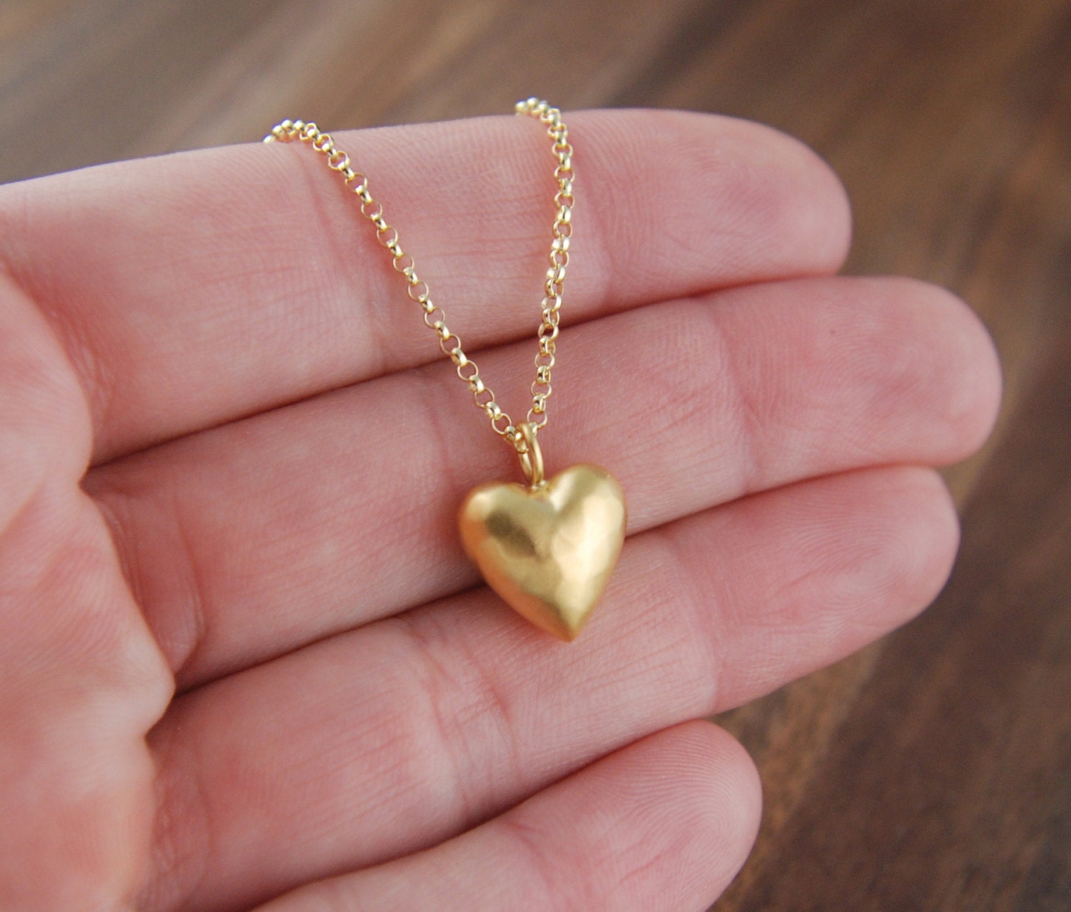 Gold Puffy Heart Pendant And Gold Filled Necklace Puffed