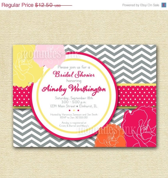 10% Off Holiday Sale Gray Chevron Retro Blooms Bridal Shower Invite - Pink Orange Yellow - PRINTABLE INVITATION DESIGN Il_570xn