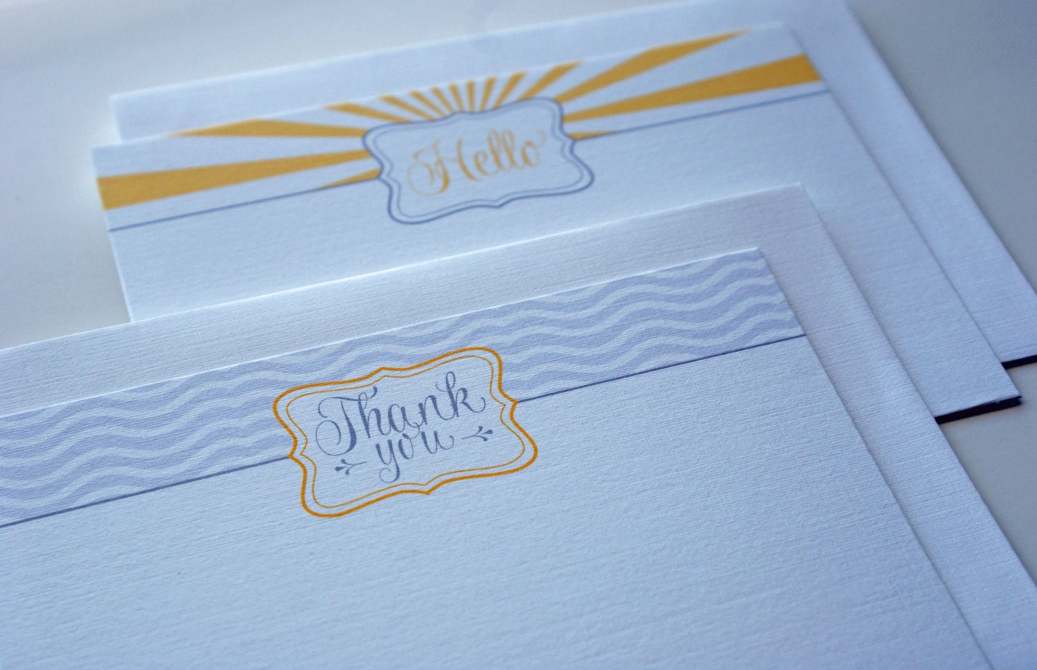 Light blue gray waves and yellow gold sunburst - Set of 8 flat notecards Il_570xn