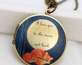 ON SALE Sleepy Fox, Fox,Sleep,Red,Mom,Baby,Antiqued Locket, 32mm,I love you to the moon and back, Photo Image Round  Locket, - emmagemshop