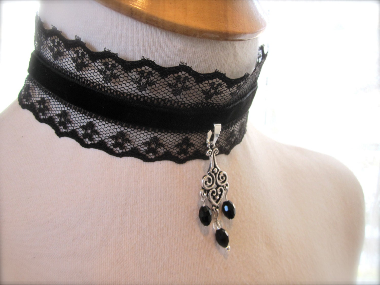 Black Lace choker, Dark, Edgy Victorian collar, Choker neck accent, Fabric Necklace. Bohemian goth steampunk Edwardian jewelry. - JoolaDesigns
