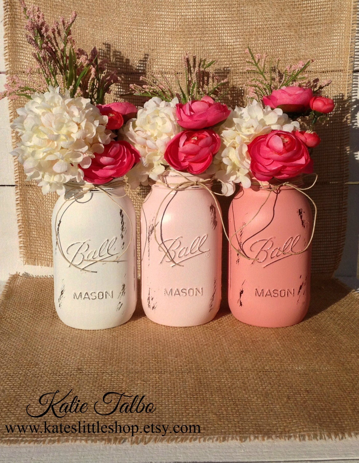 Set of 3 Quart Size Painted Mason Jars. Painted Mason Jars. Wedding Decoration. Vase. Valentines Day. Mothers Day Gift. Rustic. Wedding Deco