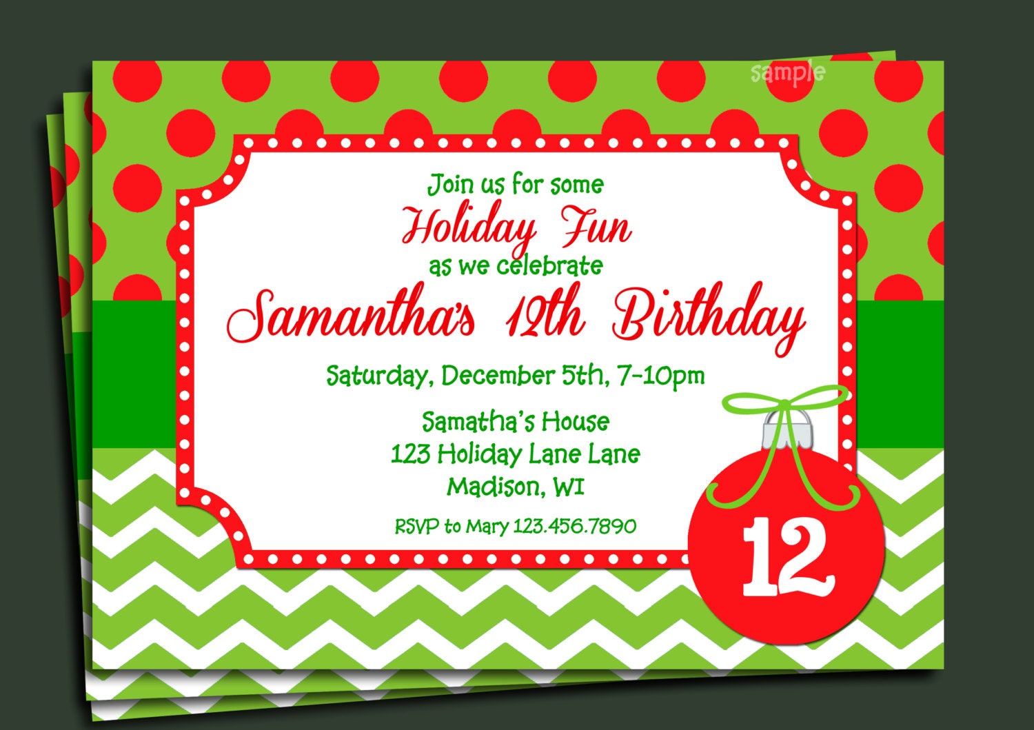 Christmas Invitation Printable - Green Chevron Polka Dot - Christmas Party, Birthday, ANY holiday event Il_570xn