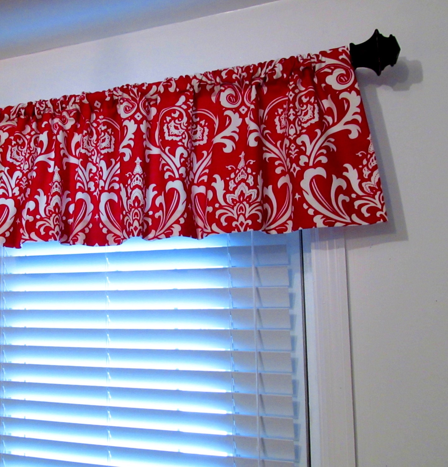 Items similar to Red Damask Modern Curtain Rod Pocket Valance HANDMADE