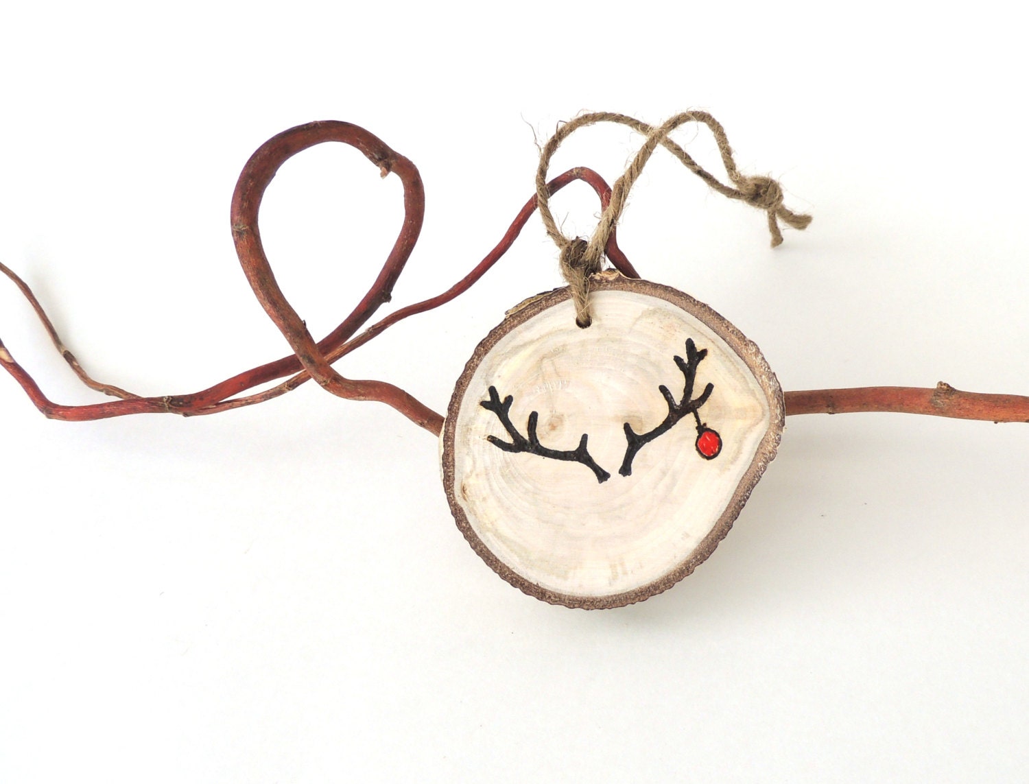 Rustic Christmas Ornament, Wood Reindeer Ornament,, Deck the Antlers, Tree Slice Charm,  Natural Christmas Ornament, Woodland - VaniTeaz