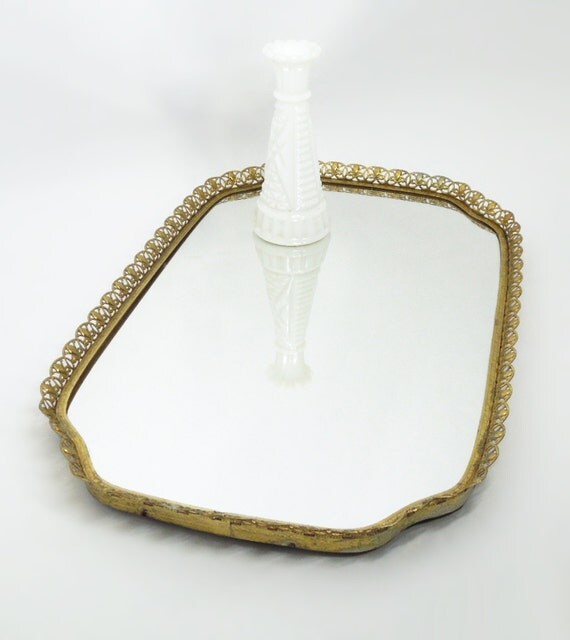 Vintage brass mirror vanity tray with by indiecreativ on Etsy