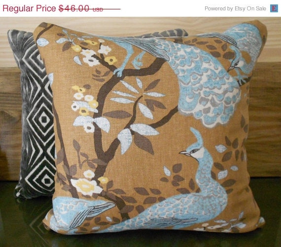 Items similar to Decorative pillow cover, DwellStudio, Vintage plumes camel, floral peacock on Etsy