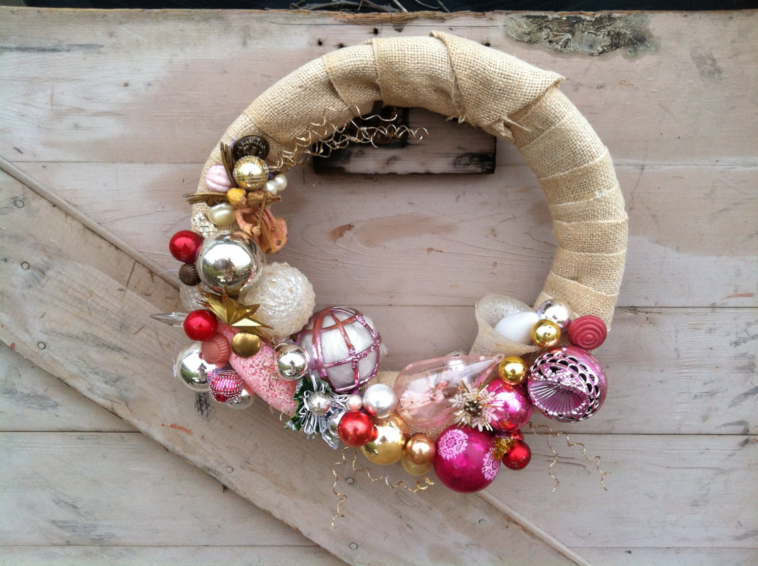 Christmas wreath-handmade-vintage ornament wreath-shabby chic pink on burlap - happydayantiques