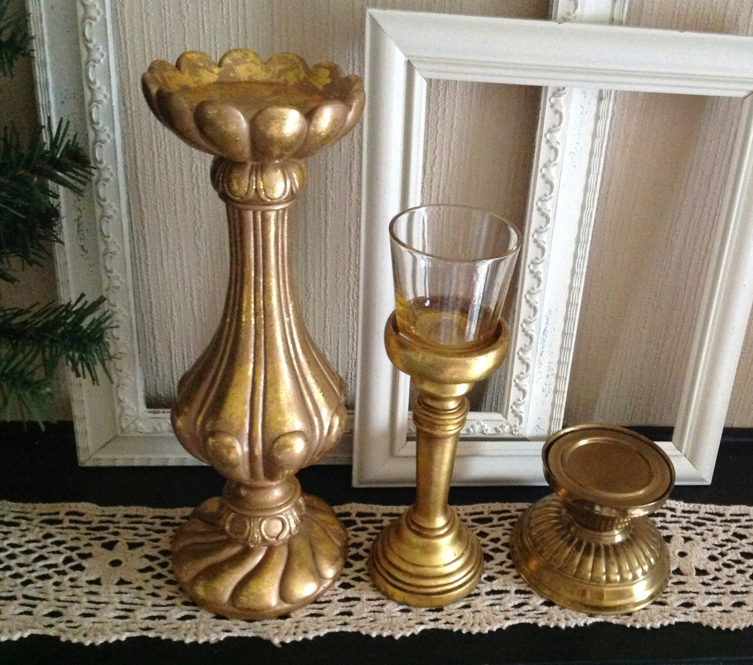Gold Pillar Candle Holders Set of 3 by ReFeatherYourNest on Etsy