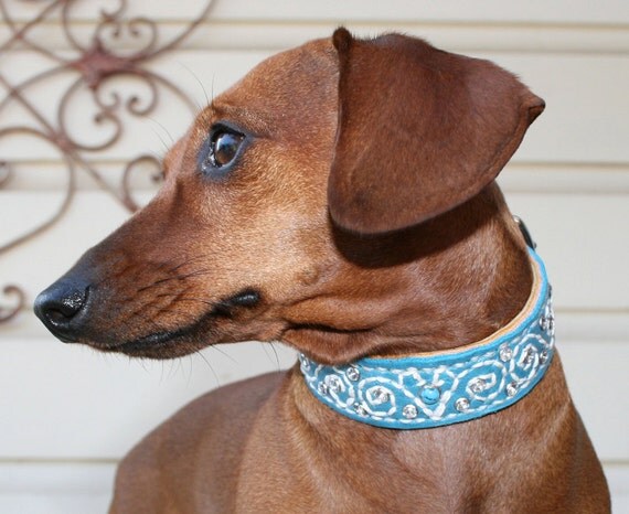 Leather Dog CollarSwirled Stitch CollarBlue by RuffStuffDogCouture