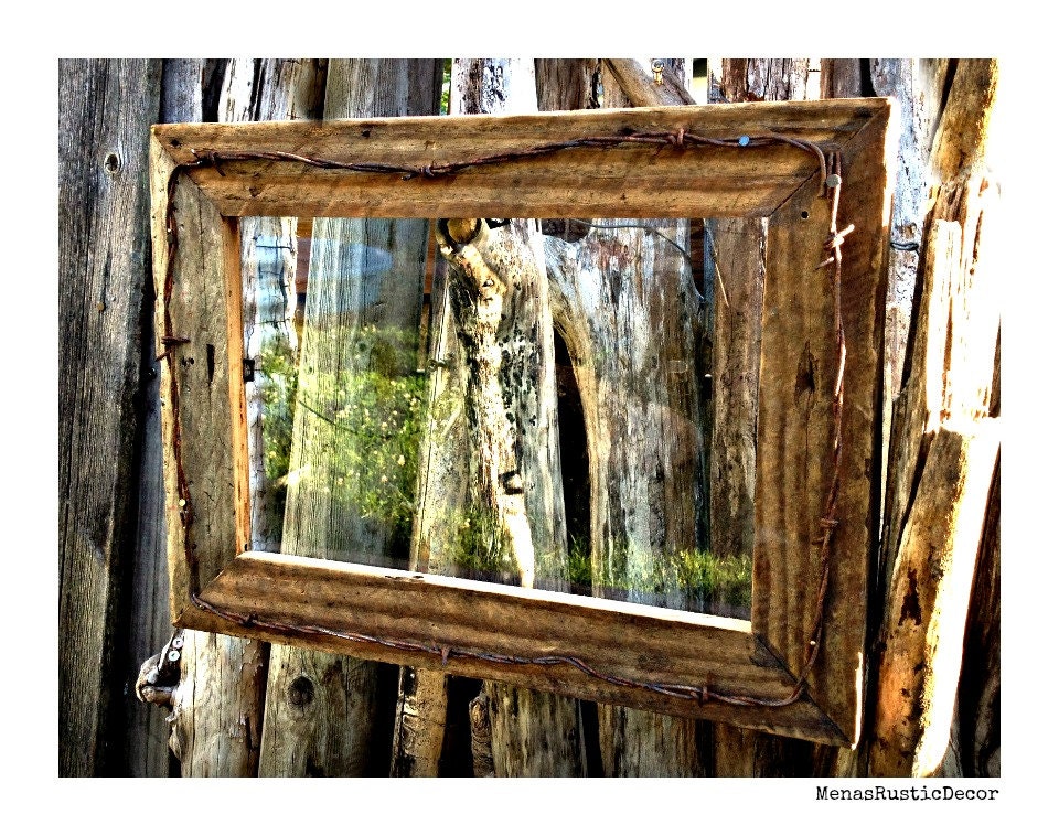 Large Mirror, Rustic Barn Wood Frame & Vintage Barbed Wire ...