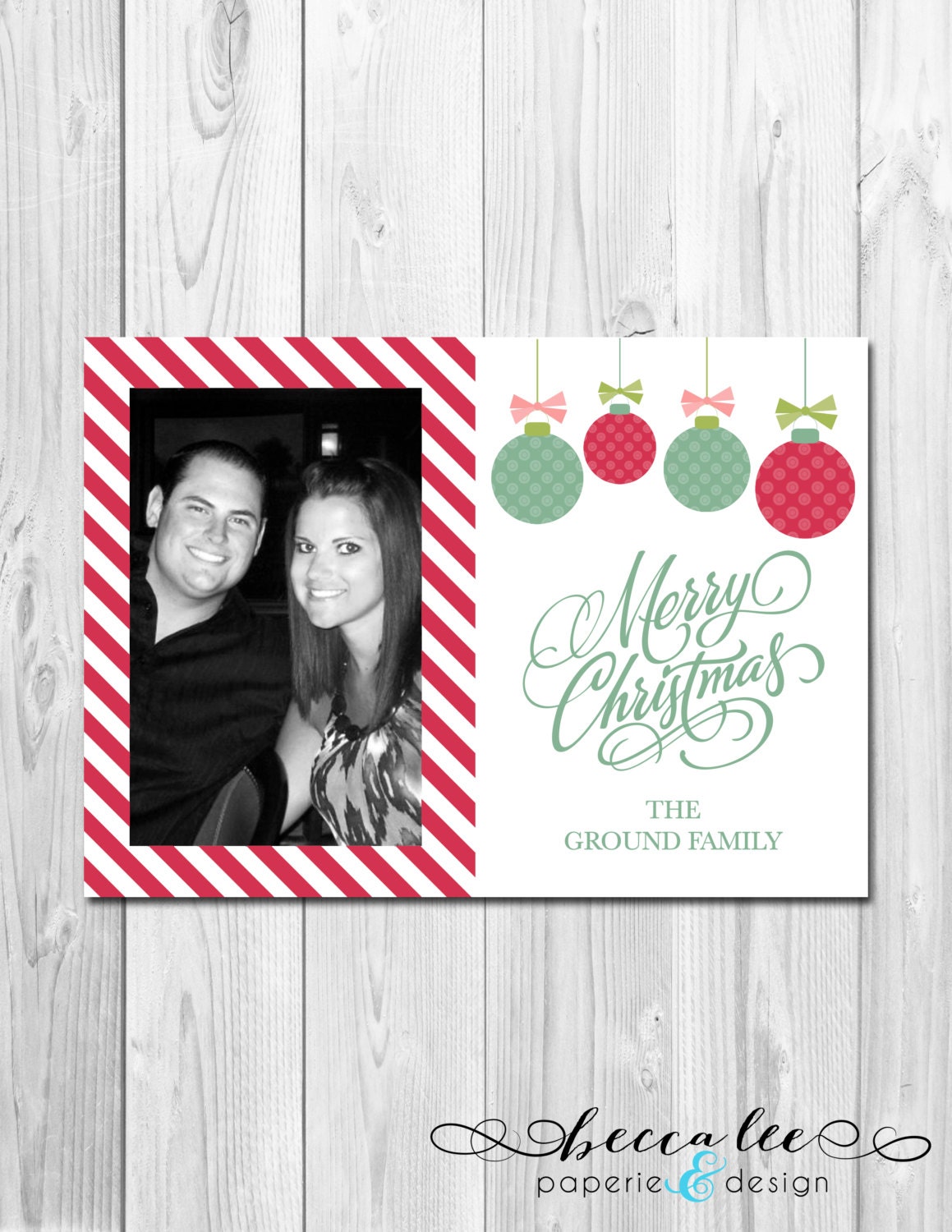 Printable Photo Holiday Card - Hanging Ornaments - Red Stripe - Merry Christmas - Customizable Il_570xn