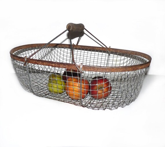 Large Vintage WIre Basket with wooden handle by