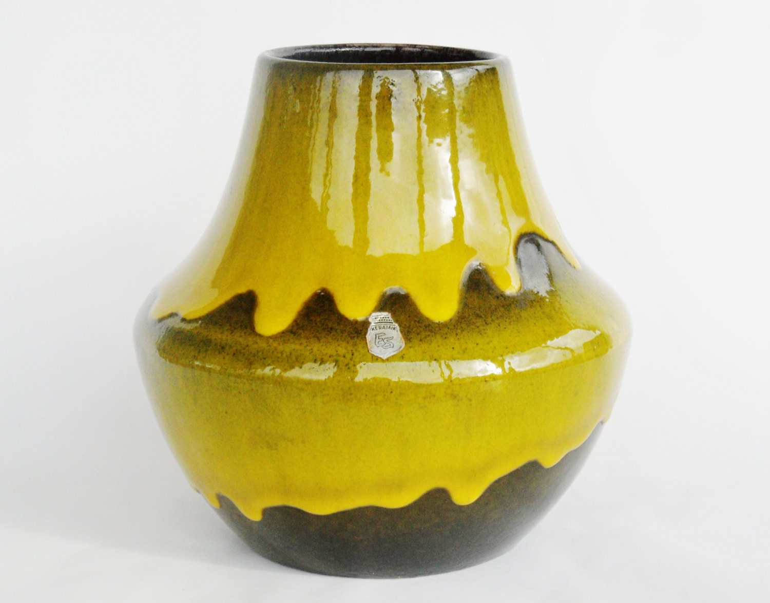 Stunning ES Keramik pottery vase drip glaze Fat Lava era west german retro vintage midcentury modern mellow yellow black label sixties UFO - Coollect
