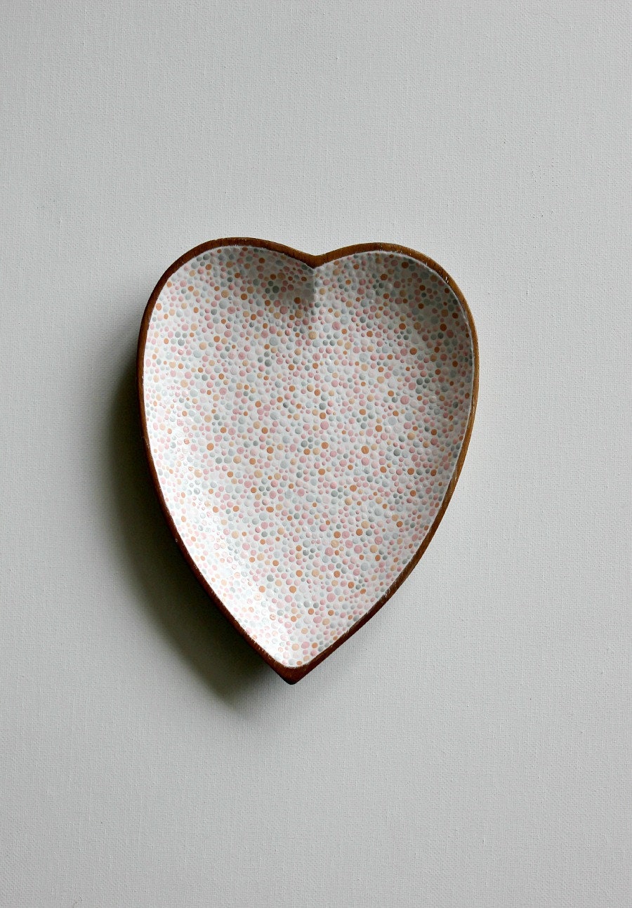 Hand-painted wooden heart shaped catch all dish - light pink and grey - home decor - ItsOkayWereSisters