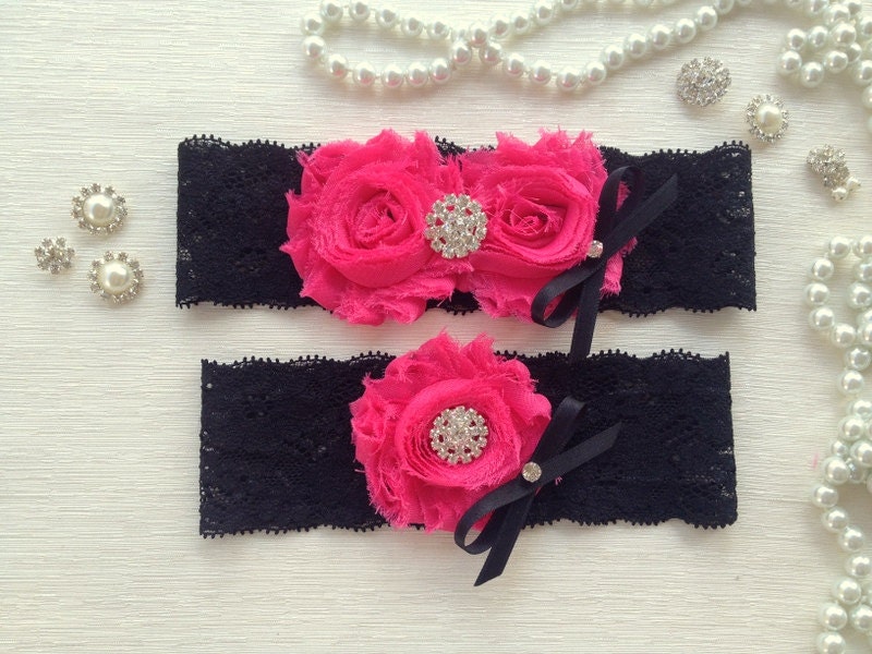 wedding garter set, black and hot pink garter set, black lace garter, hot pink chiffon flowers, rhinestone and black bow