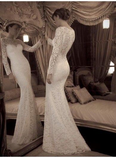 Vintage Lace Long Sleeves Illusion Neckline See Through Mermaid Wedding Dress Sweep Train