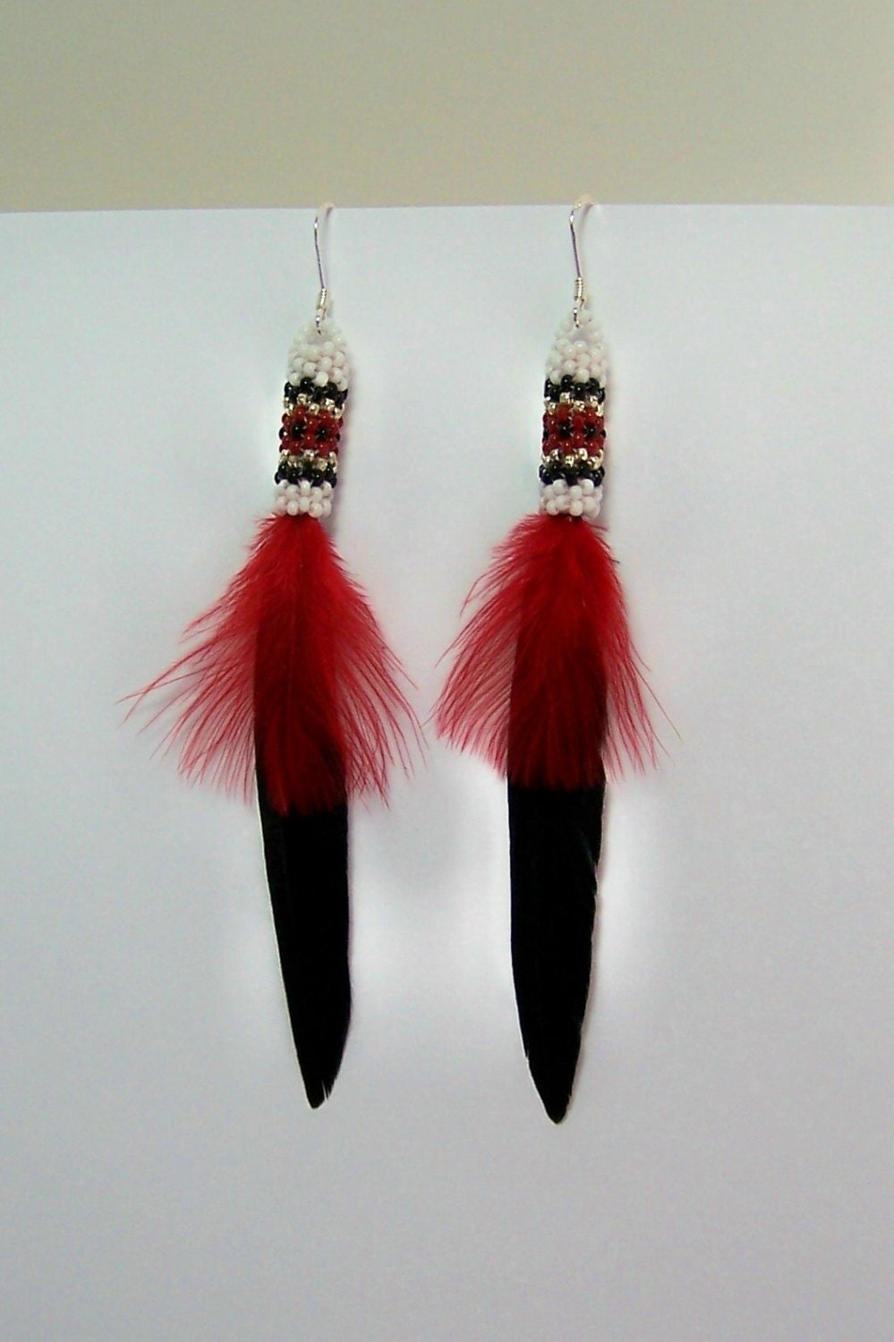 Native American Handmade Beaded Feather Earrings By Trackthepony