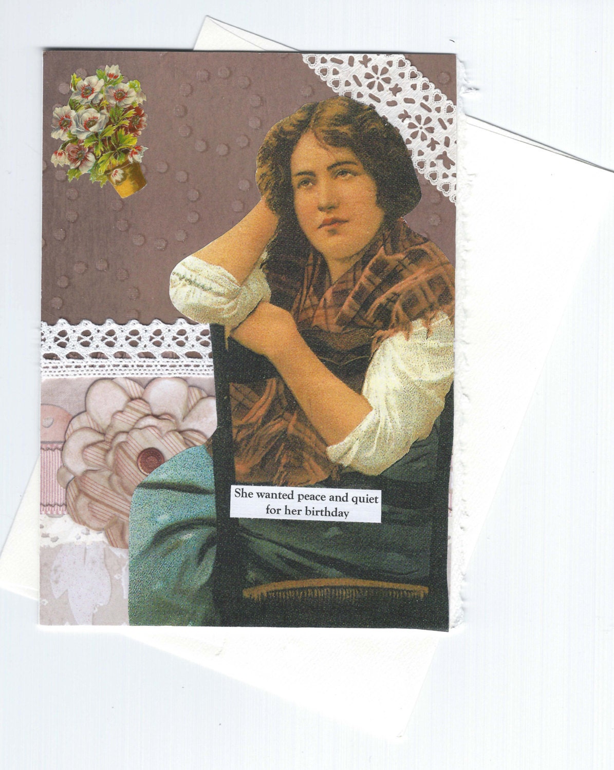 Plaintive Birthday Card With Victorian Woman Mocha Brown and Pink Collage Art - Gimme Some Peace - rhodyart