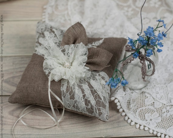Lace and burlap Rustic Chic Wedding ring bearer pillow with rope, pearl and  handmade lace flower
