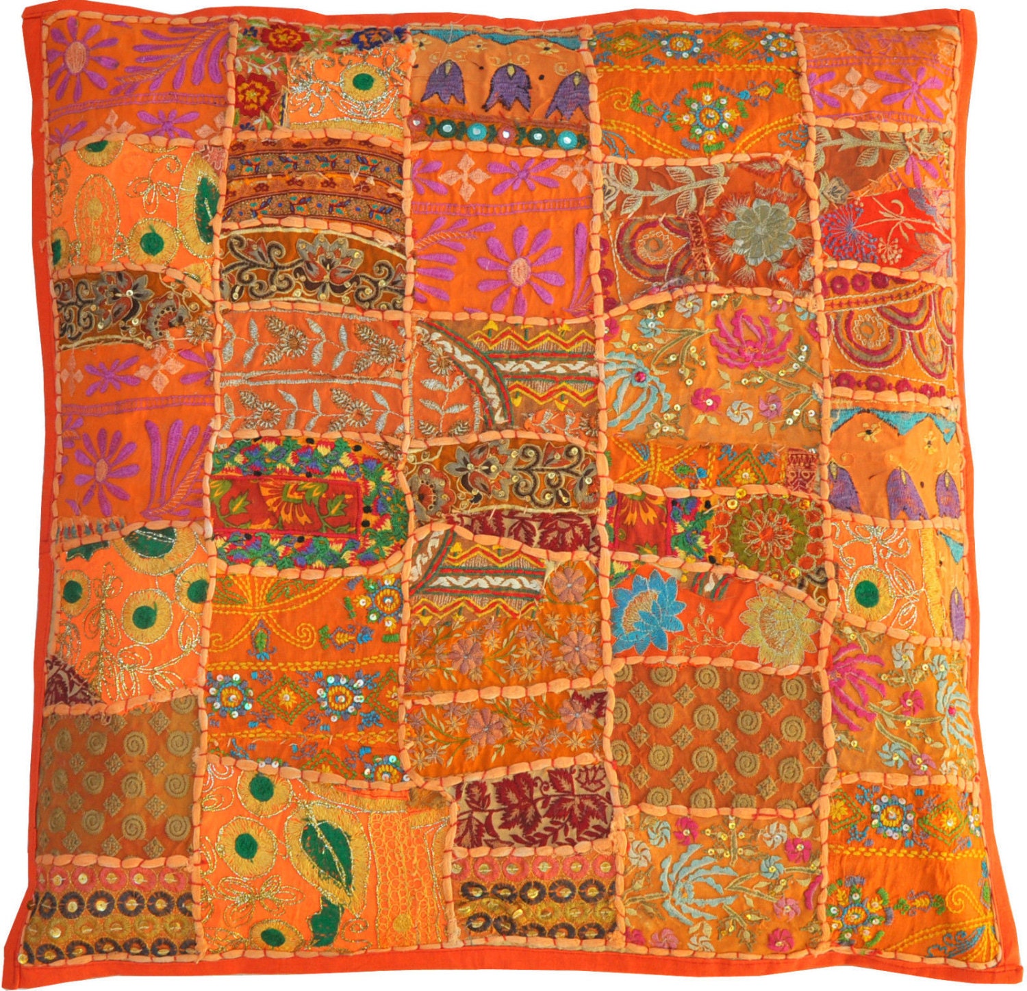 24x24" Orange Bohemian Decorative Pillow Cushion Indian Patchwork Pillow Cushion Cover Throw Pillow Toss Pillow Vintage Pillow Sofa Pillow - BeingGypsy