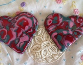Polymer Clay Pink Red Green Primitive Hearts Valentine Scrapbook Embellishment Ornament - Nostalgicats