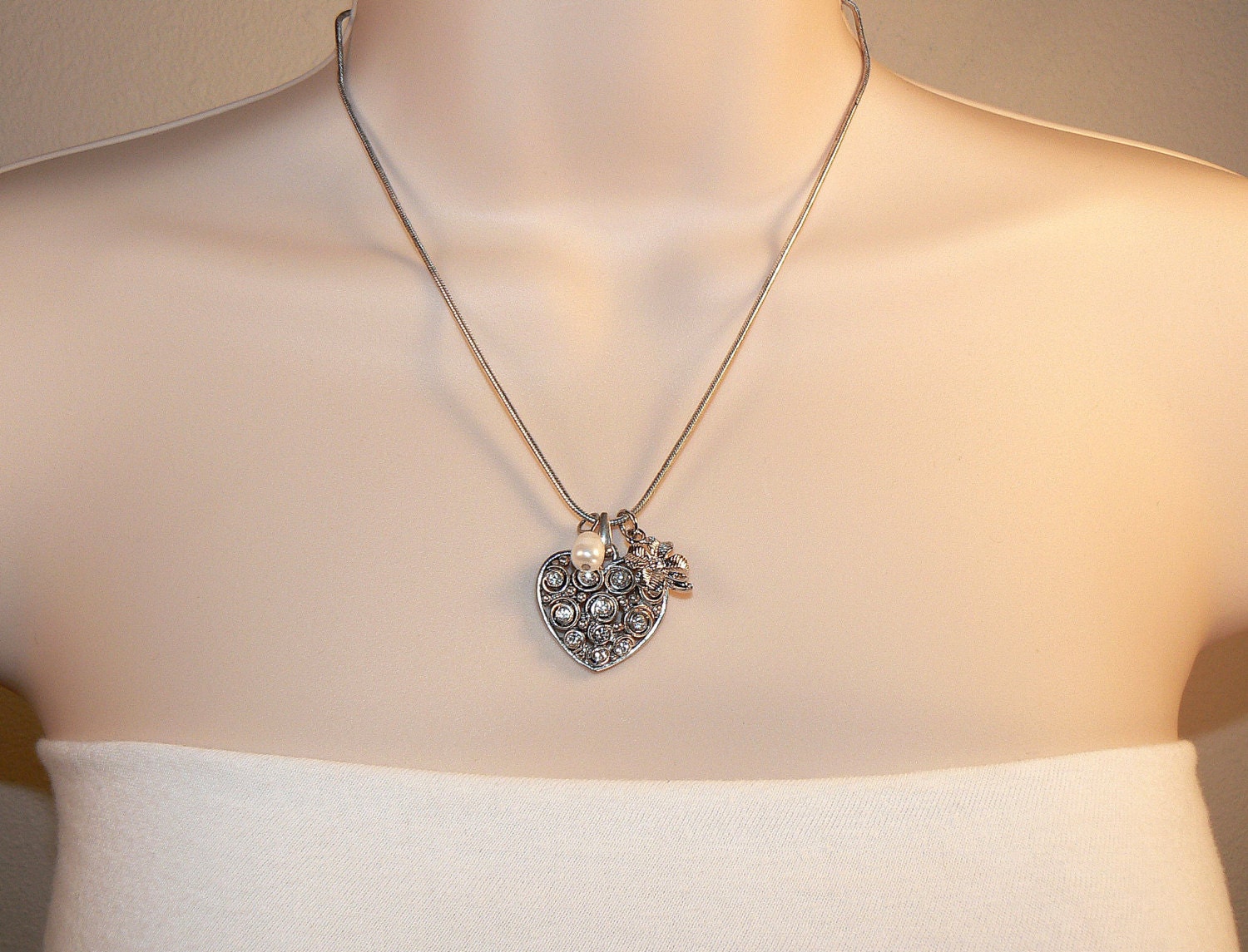 Antique Silver Heart Necklace, Crystal Heart Pendant, Four Leaf Clover Dangle, Freshwater Pearl Drop, Heart Necklace, Everyday Necklace