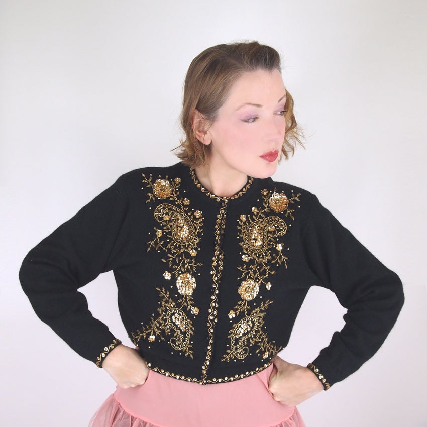 80s Black Cardigan Sweater with Gold Beads and Sequins - 50s-Style - L XL - denisebrain