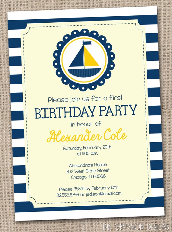 Boys Nautical Sailboat Birthday Party Invitations Yellow and Blue Printable File Il_570xn