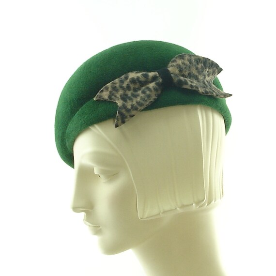 Items similar to Green Beret Pillbox Hat for Women Animal Print Bow