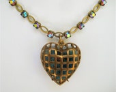 Brass Heart Necklace Cage Heart with Aqua Needle Felt Heart on Vintage ABAqua Rhinestone Chain Choker Length Lots of Sparkle - CatchingWaves
