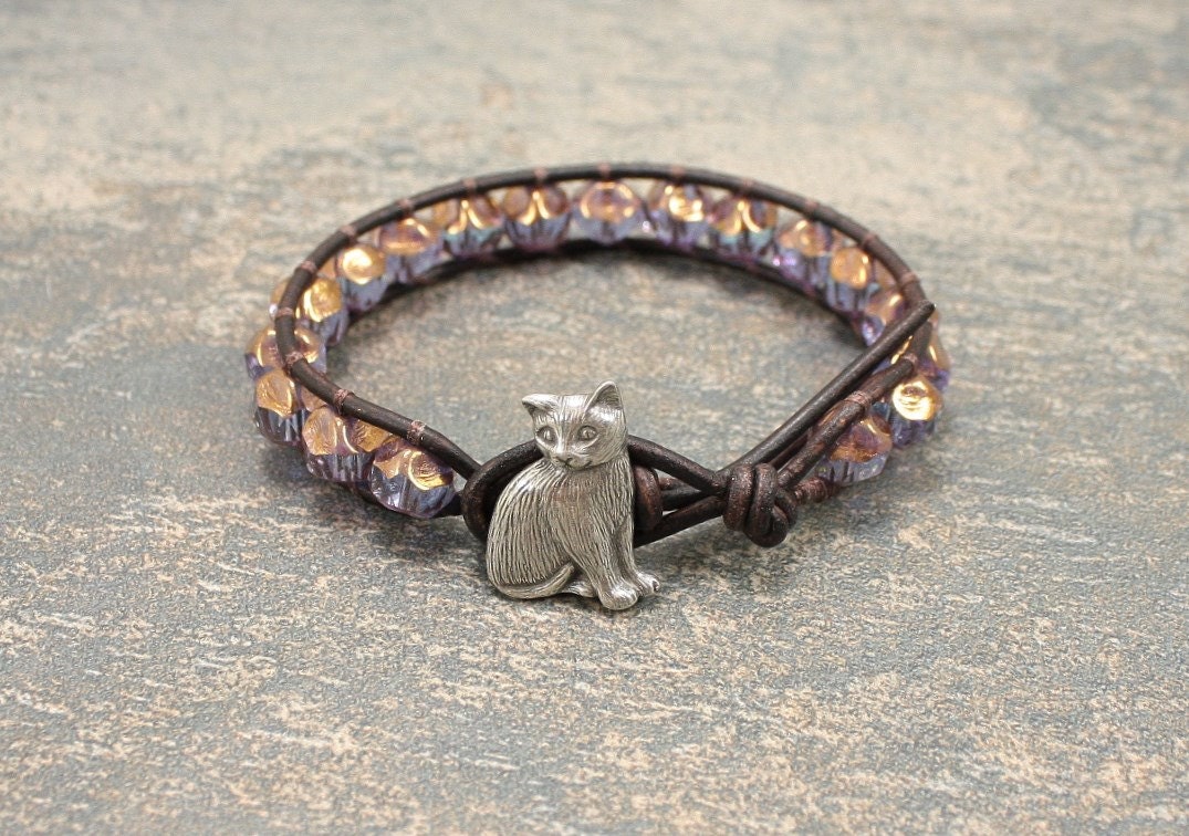 Unique Cat Jewelry Bronze Blue Beaded Leather by singingcatstudio