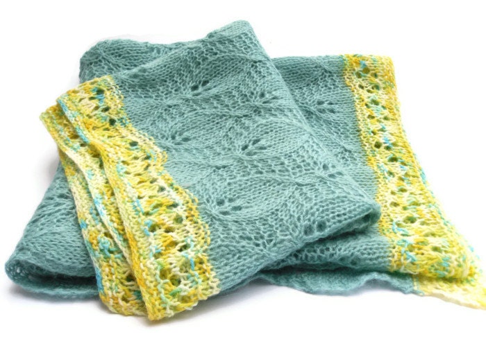 Childrens Blanket - Blue leaf throw - Hand knitted mohair throw with hand painted lemon & lime edging - TheFeminineTouch