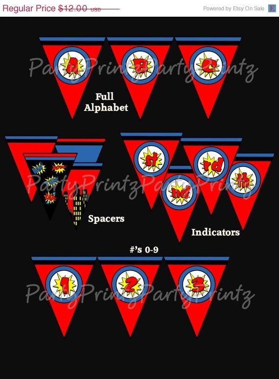 SALE INSTANT DOWNLOAD - Printable Supehero Banner - Birthday - Full Alphabet Il_570xn