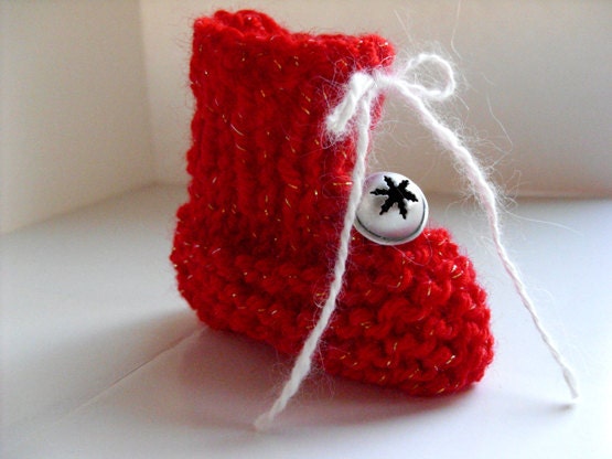 Knit Christmas Stocking Ornament - Baby's 1st Christmas, red booties, snowflake bell, silver bell, sparkly ornament, Christmas decoration - DabHands