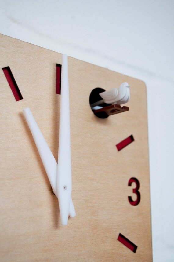 Birch ply Cuckoo clock with moving bird Red dials