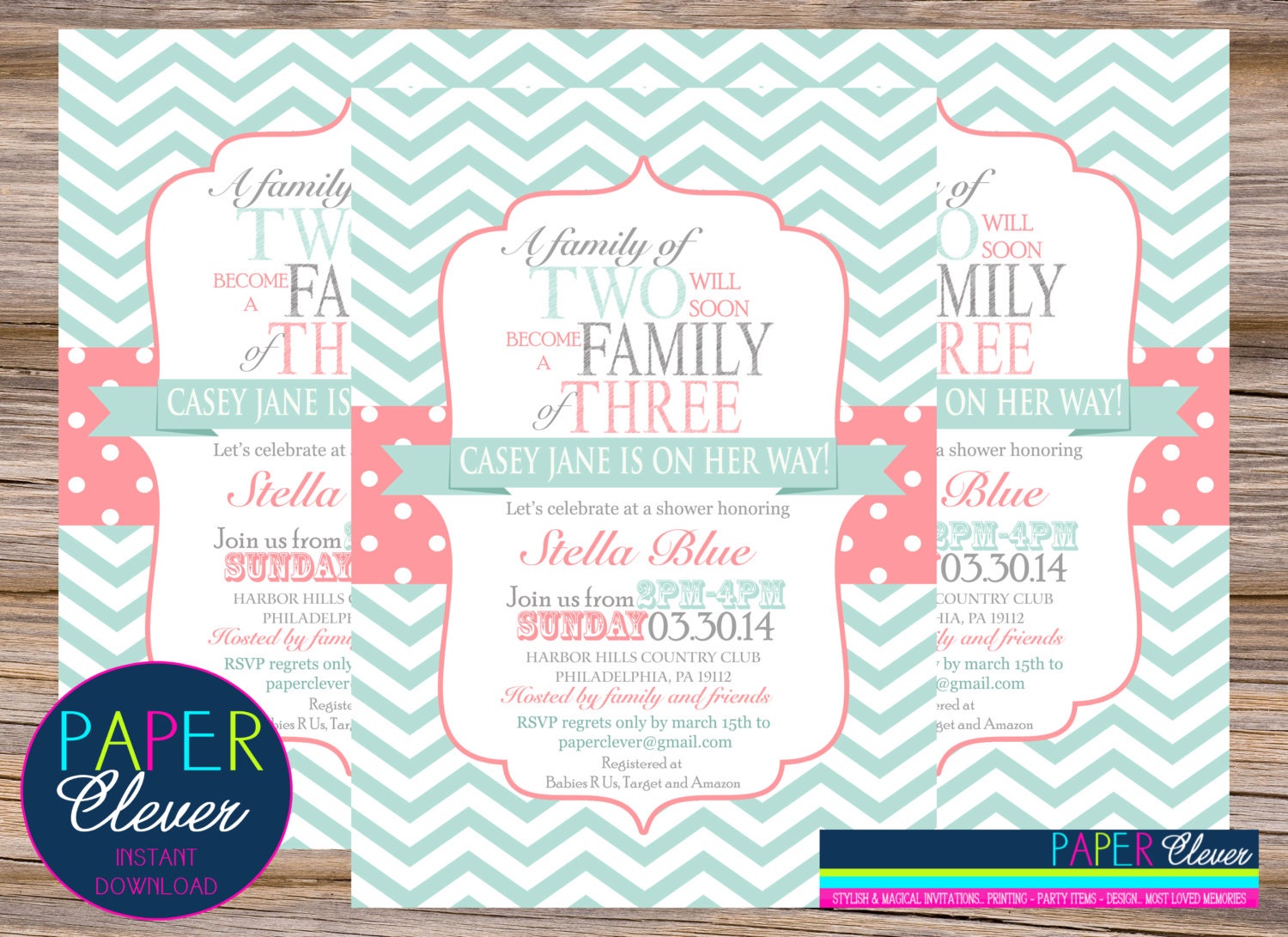 Family of baby shower invitations, coral, mint, twins - printable, digital file #37 Il_570xn