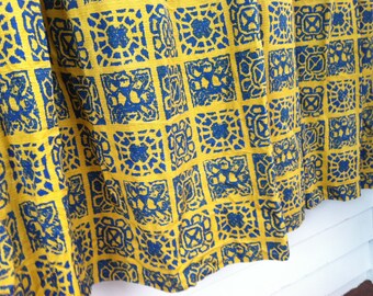 Vintage Blue and Yellow Fabric Curtains, Set of Two Vintage Curtain