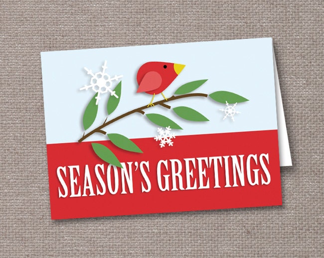 Red Holiday Bird Folded Christmas Cards - 6 to 250 PRINTED - Modern bird on branch Il_570xn
