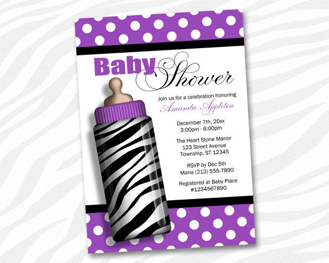 Baby Shower invitations PRINTABLE - Zebra Print Baby Bottle Purple - 5 color choices Il_570xn