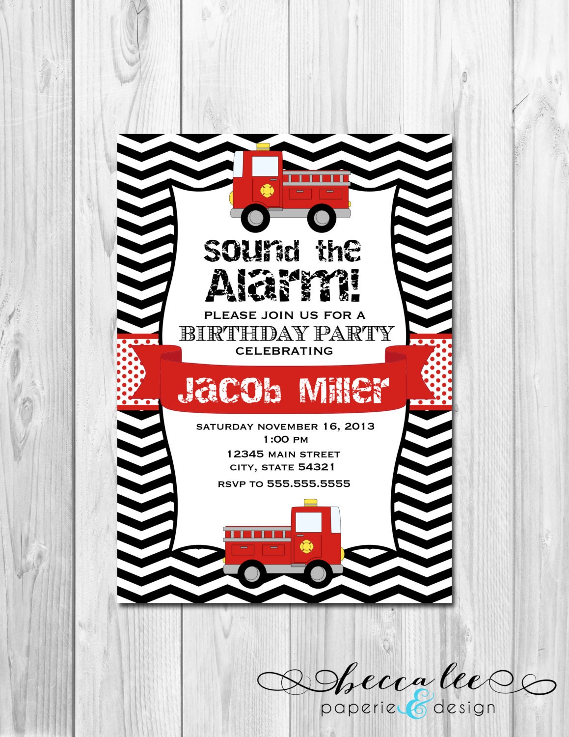 Firetruck Birthday Party Invitation - Black and Red Chevron Stripes - DIY - Printable Il_570xn
