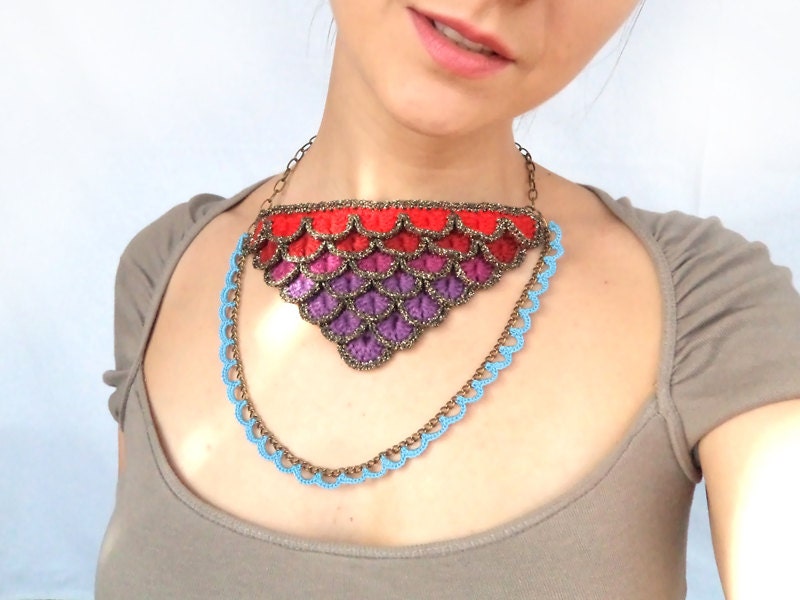 Crocodile stich, crochet bib necklace in purple and red shades with blue lace chain - bibatron