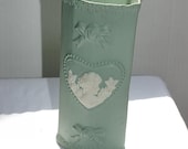 Parian Ware Mint Green and Cream Vase Heart Motif Heart Vase Mint Green Vase Wall Pocket Vase Pottery Wall Pocket Portrait Vase Jasperware - KickassStyle