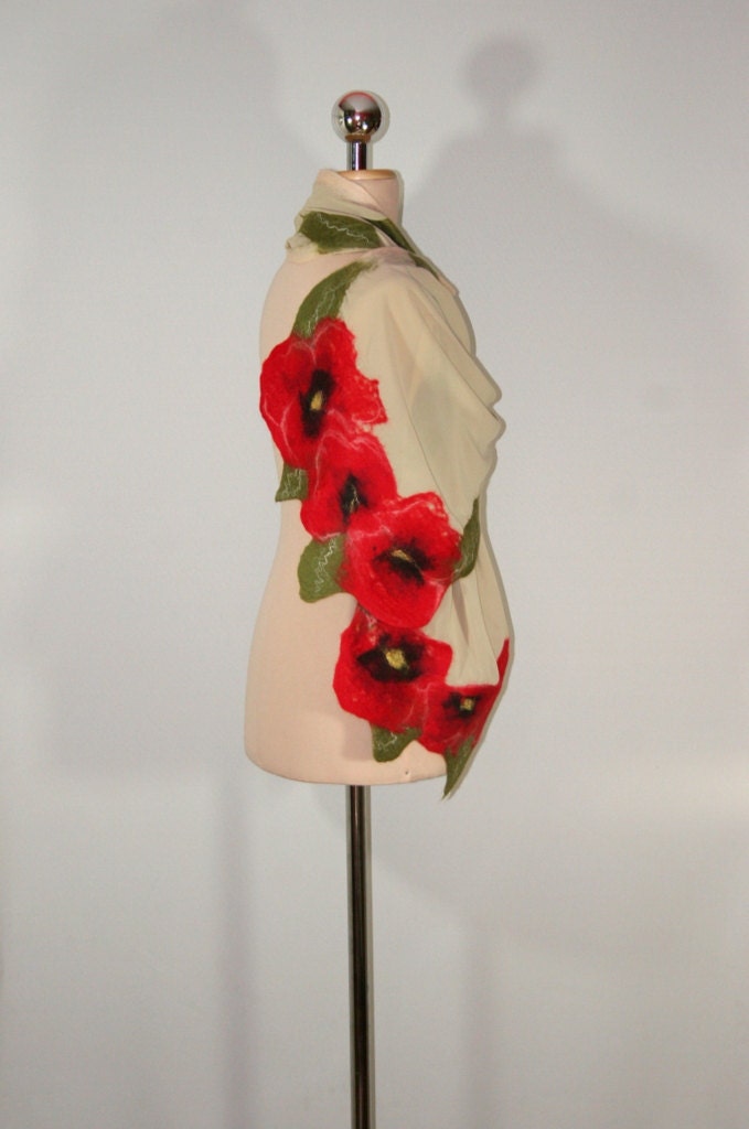 Felted Silk Scarf with Poppies, Nunofelt, Italian Silk,  Felted Scarf, Beige and Red, Floral Scarf, Poppy - Filtil