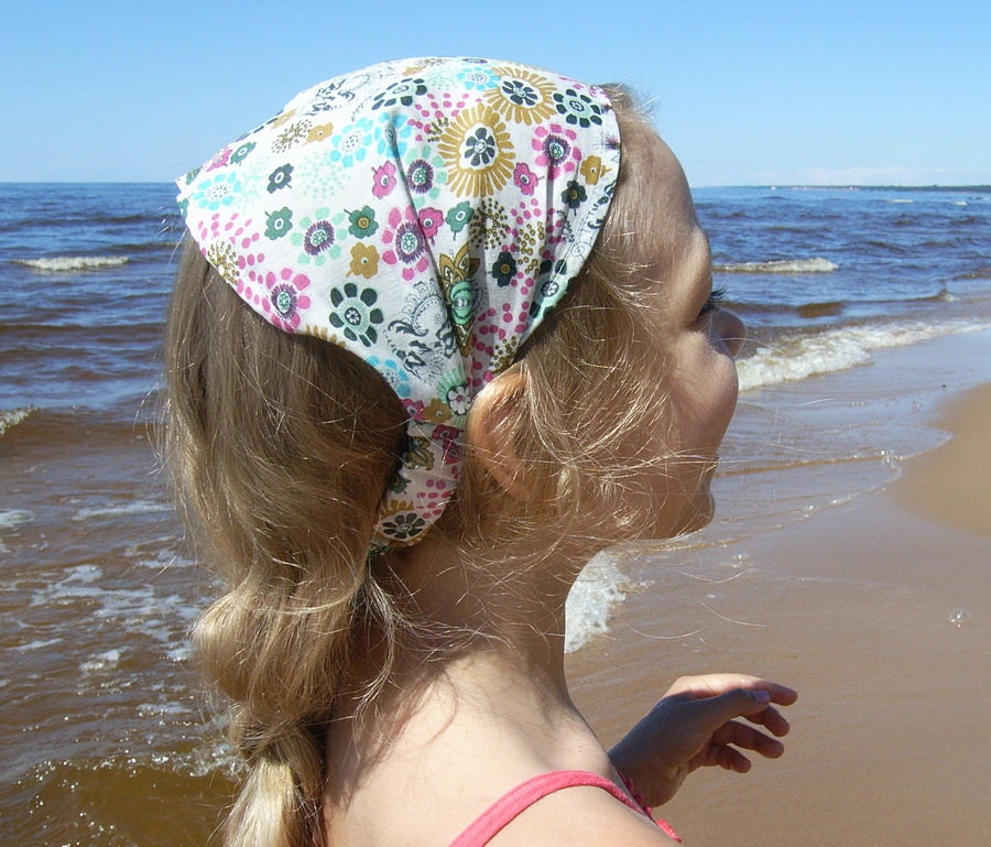 Girl headscarf our hair wrap multicolor cotton floral print cotton fabric pink light blue green colors - Lupeworks